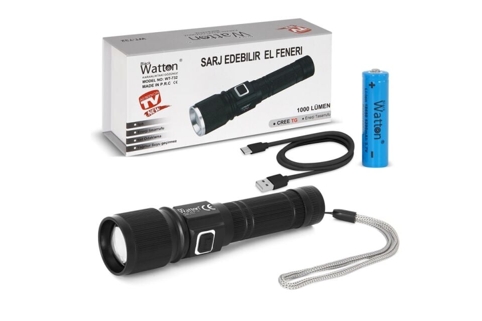 Watton CREE TG LED 1000 Lümen Göstergeli Şarjlı El Feneri WT-732