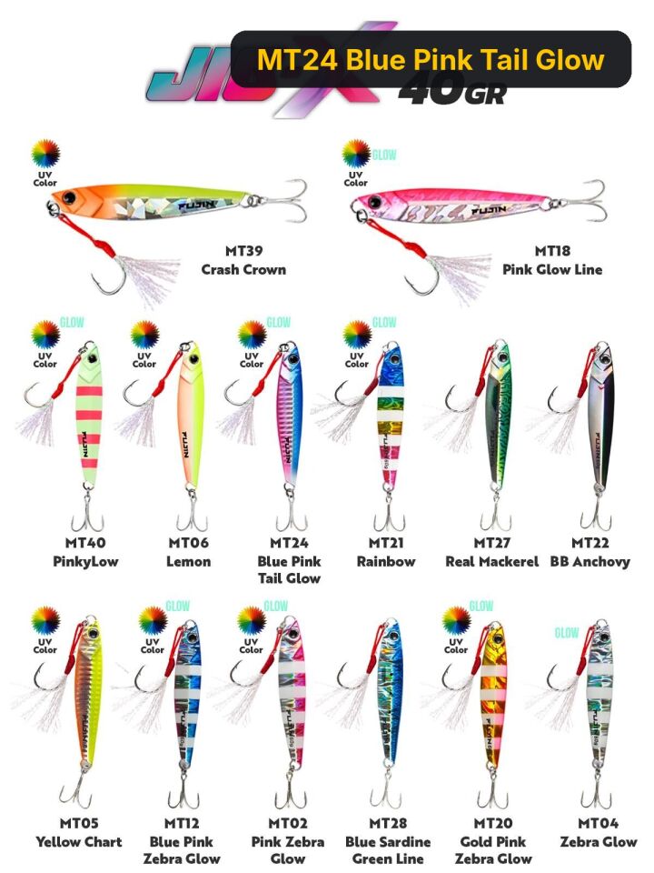 Fujin Jig-X 40gr Shore Jigging Jig Yem MT24 Blue Pink Tail Glow