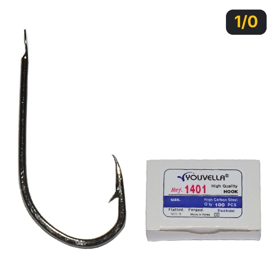 Youvella 1401 Kısa Pala Dövme Olta İğnesi 100'lü Kutu Black Nikel 1/0