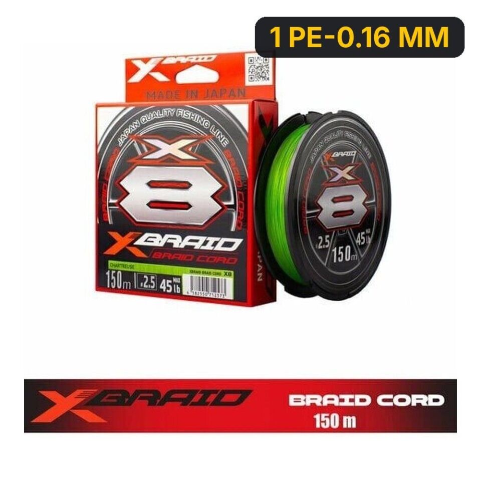 YGK X035 Braid Cord Pe X8 150M Fluo Green İp Misina 1 PE-0.16 MM