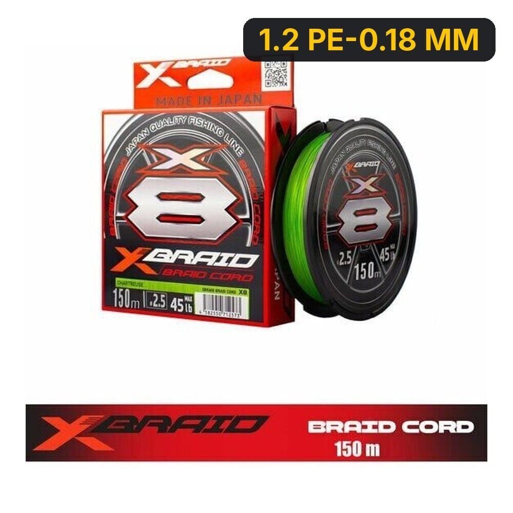 YGK X035 Braid Cord Pe X8 150M Fluo Green İp Misina 1.2 PE-0.18 MM