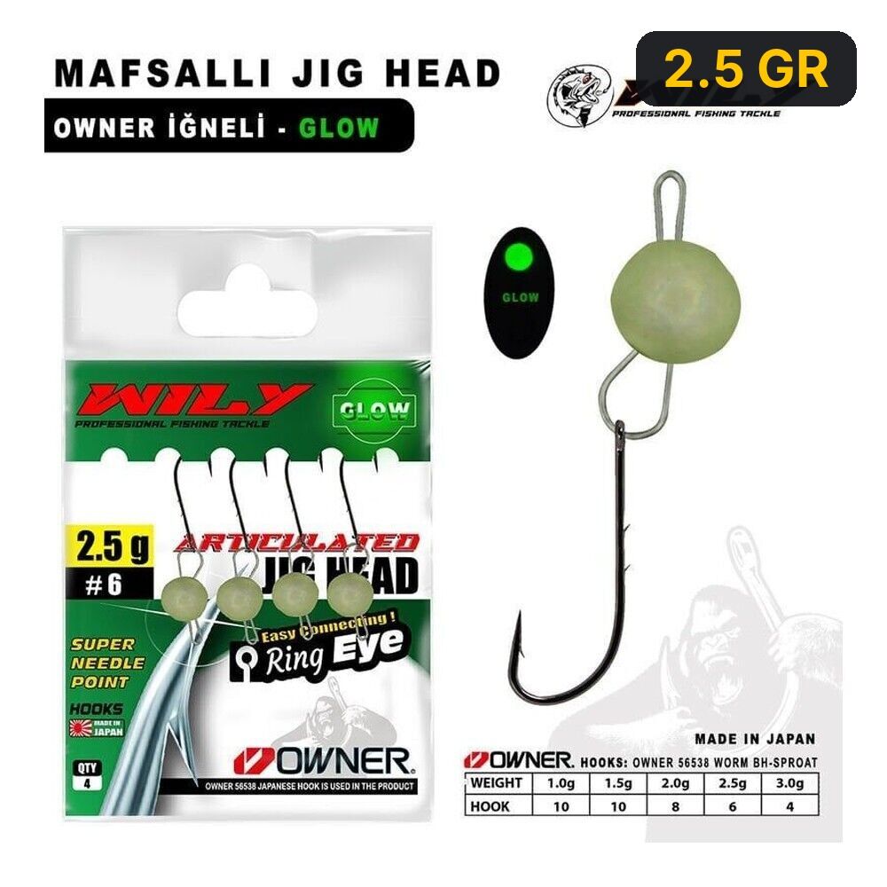 Wily Jig Head Mafsallı Owner İğneli - Glow 2.5 GR
