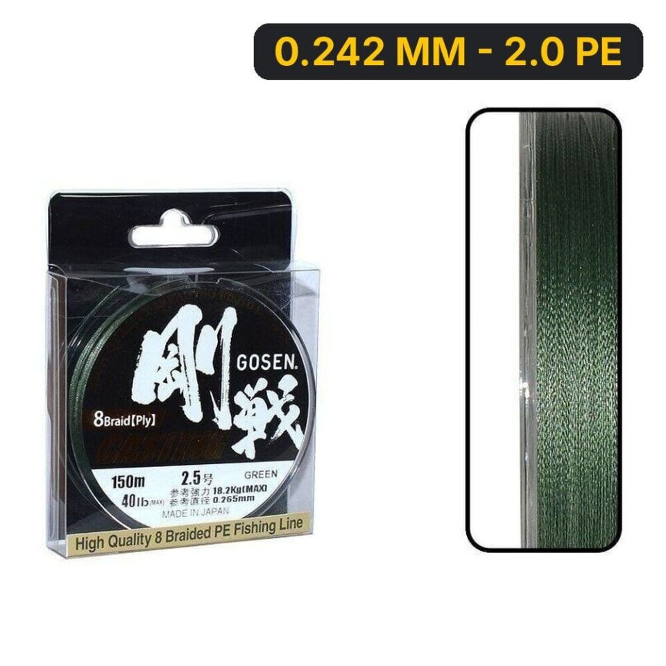 Gosen W8 Casting PE 8 Örgü Spin İp Misina 150mt Yeşil 0.242 MM - 2.0 PE