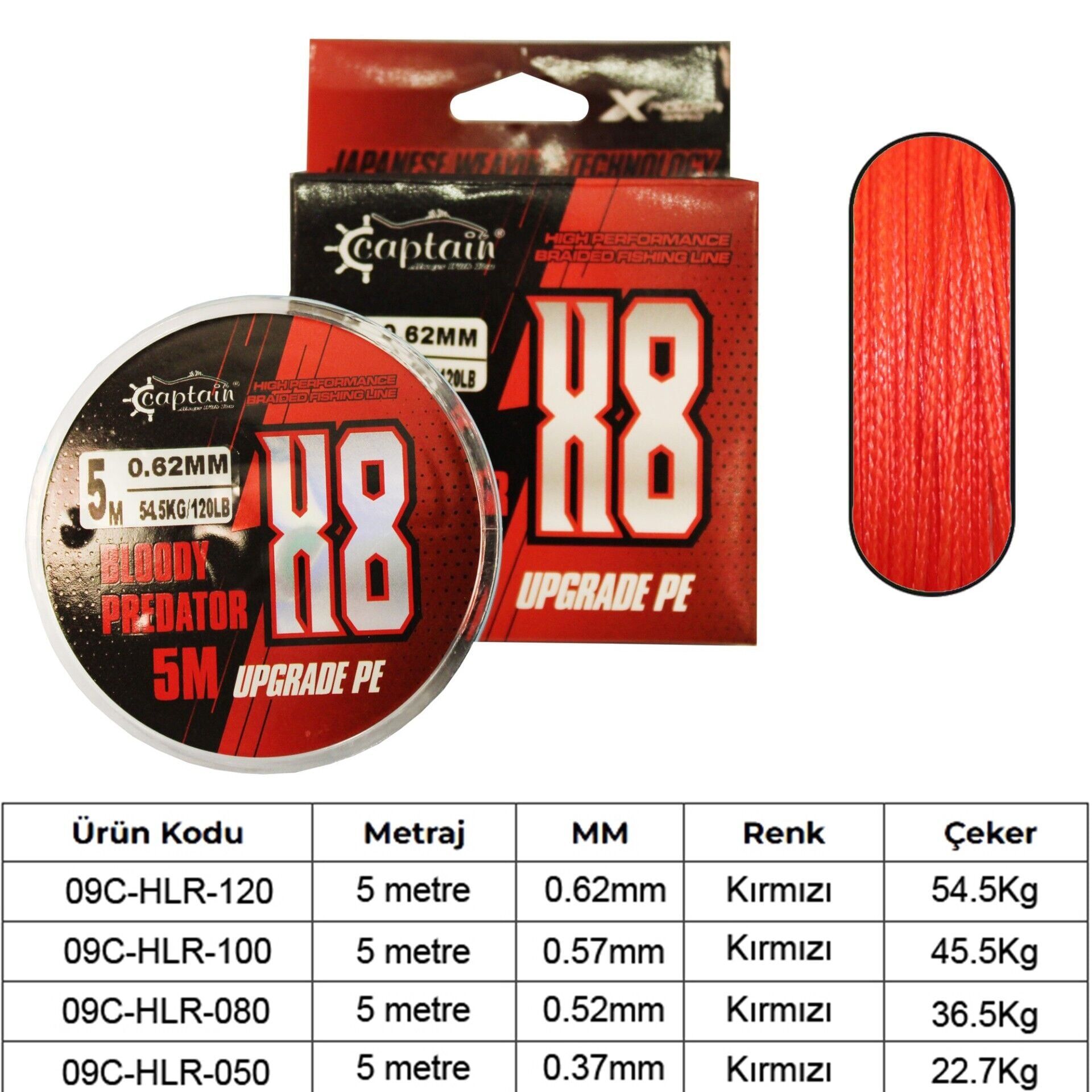 Captain Hook Line 8X Upgrade PE Bloody Predatör Assist İpi 5mt Kırmızı 0.80LB(0.52MM)